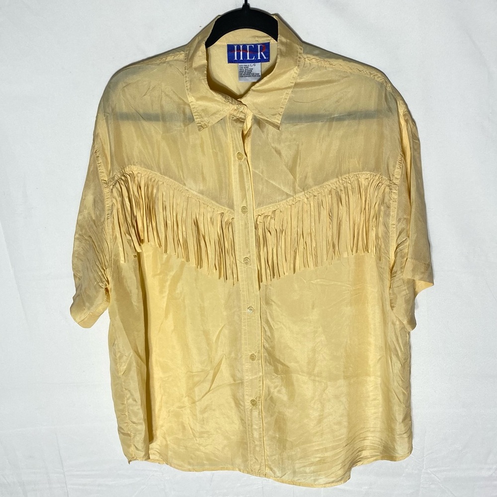 Vintage 90s HER Butter Yellow Silk Short Sleeve Button Up Shirt W Fringe L Rodeo